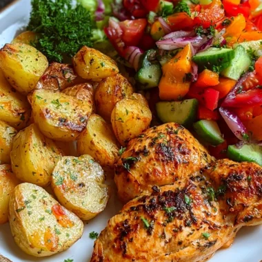 Garlic Herb Chicken Breast Recipe with Roasted Potatoes and Fresh Garden Salad