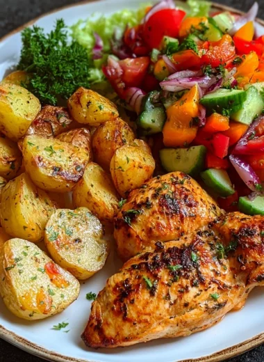 Garlic Herb Chicken Breast Recipe with Roasted Potatoes and Fresh Garden Salad