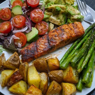 Garlic Herb Salmon Recipe with Roasted Potatoes and Avocado Salad