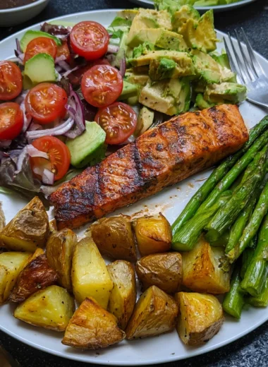 Garlic Herb Salmon Recipe with Roasted Potatoes and Avocado Salad
