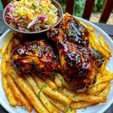 Ultimate Sticky BBQ Chicken Drumsticks Recipe with Paprika Fries and Creamy Coleslaw