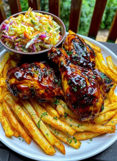 Ultimate Sticky BBQ Chicken Drumsticks Recipe with Paprika Fries and Creamy Coleslaw