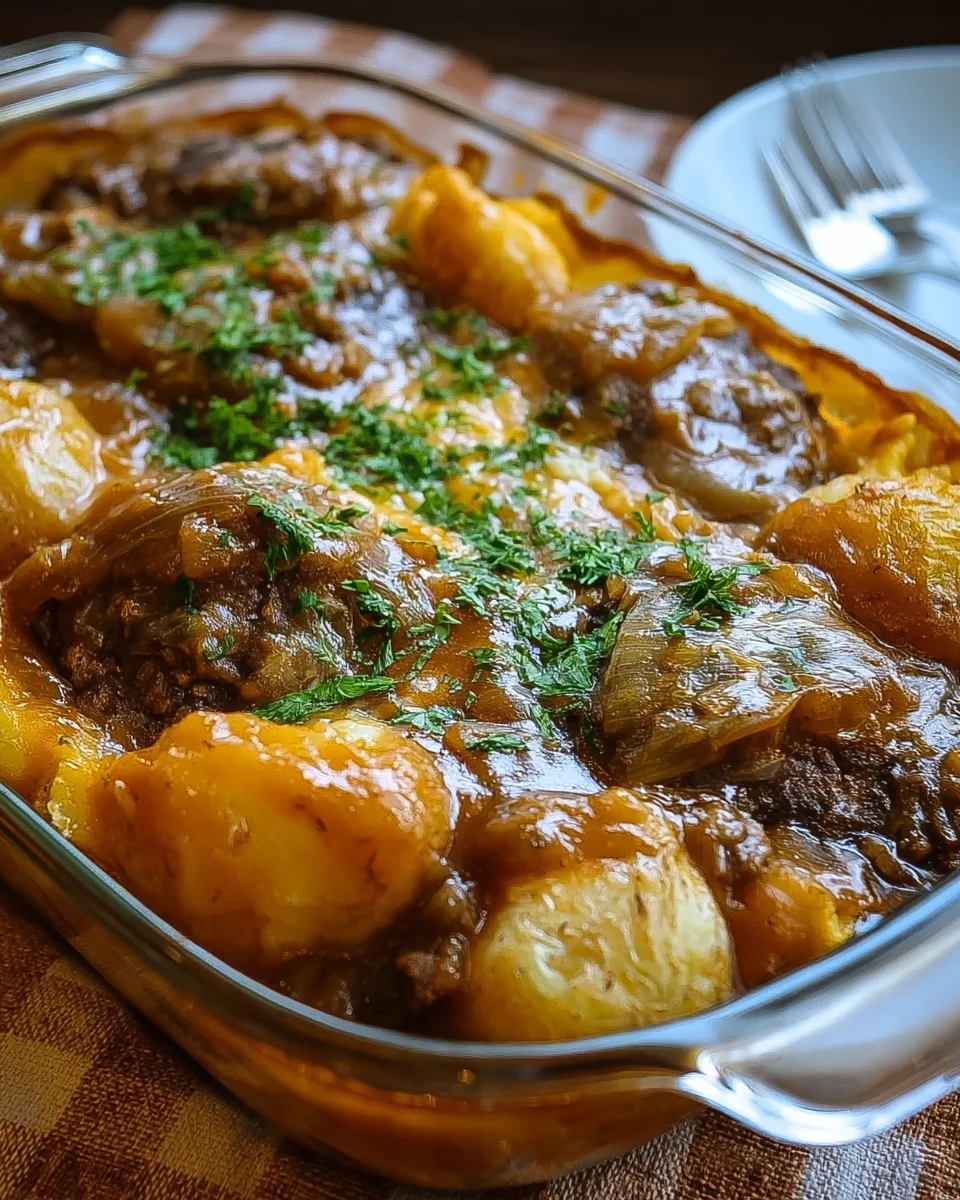 Easy Amish Hamburger Steak Bake Recipe with Potatoes and Gravy